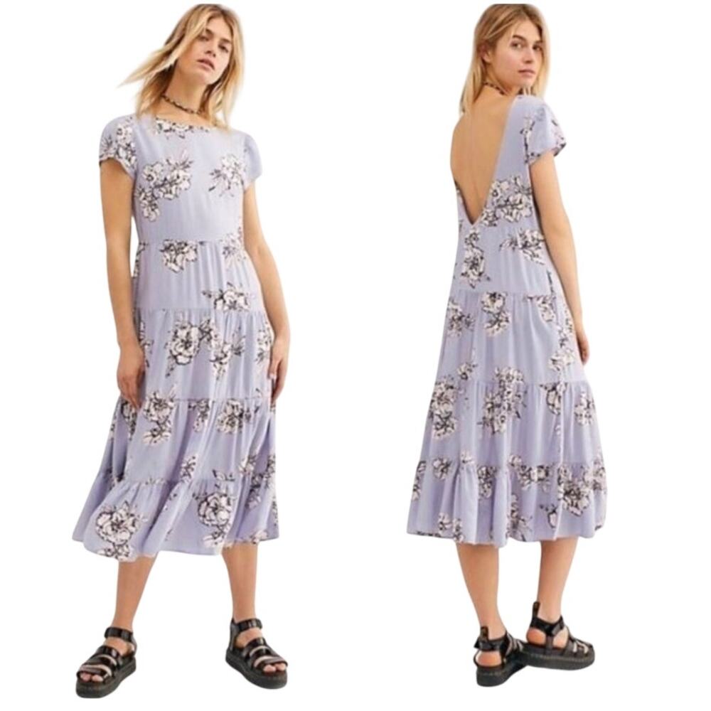 Free People Rita Blue‎ Floral Tiered Midi Dress womens size xS